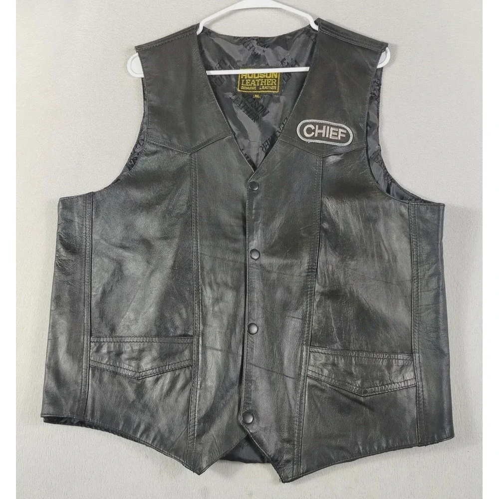 Vintage Hudson Leather Vest Mens XL Black Bikecore Hand Painted Chief Motorcycle